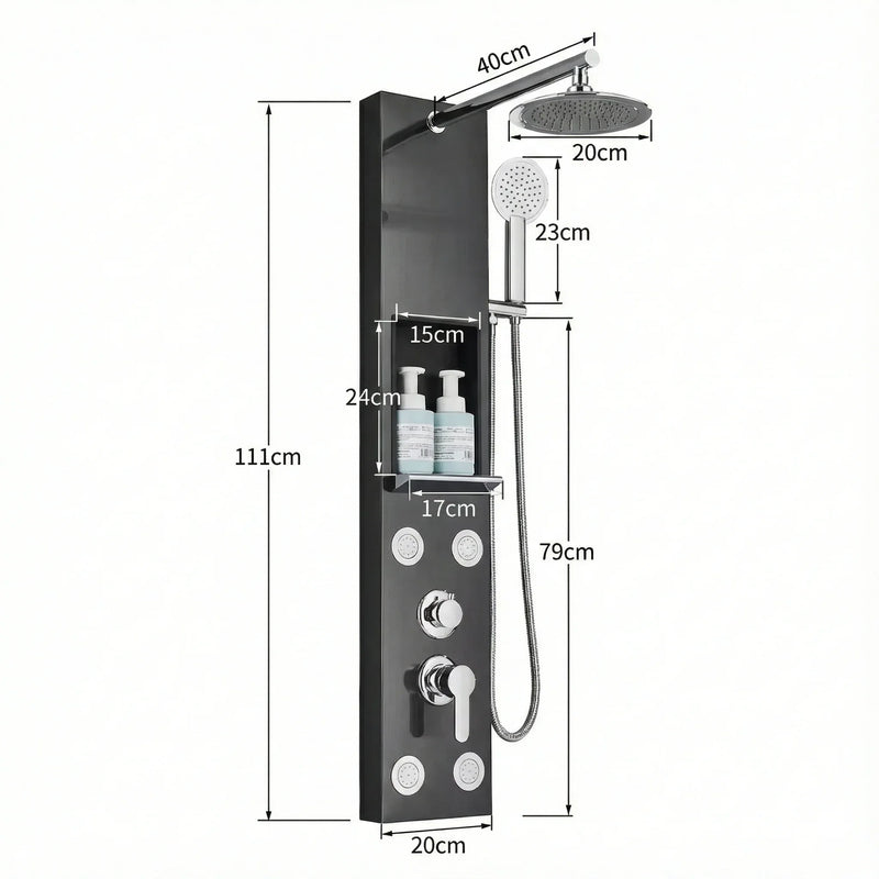 Schéma technique et dimensions de Colonne de Douche Hydromassante avec Niche de Rangement Intégrée