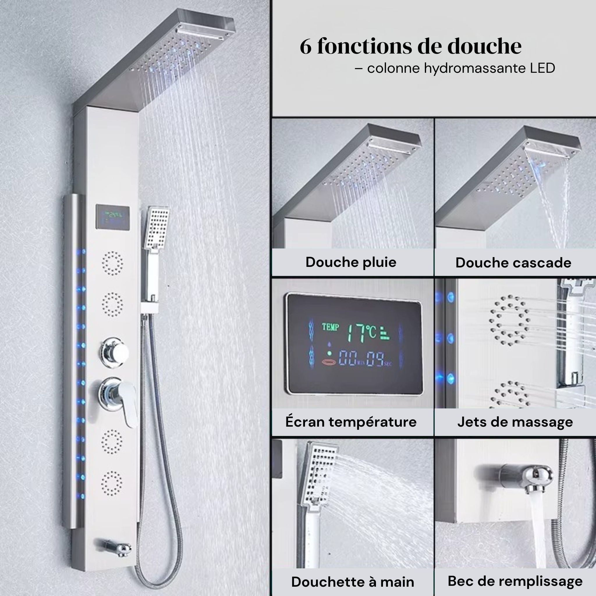 Colonne de Douche Hydromassante avec LED Latérales