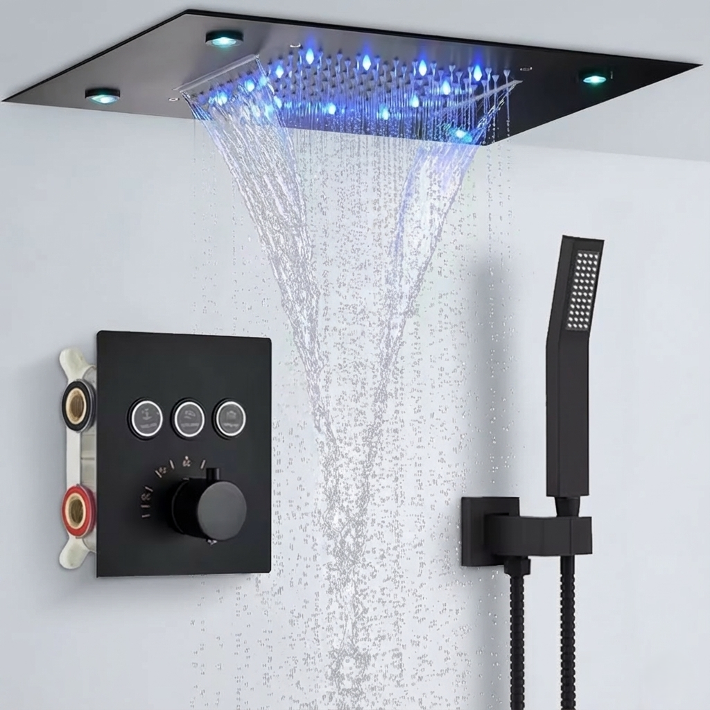 Colonne de Douche Encastrable Plafond LED avec Pluie et Cascade