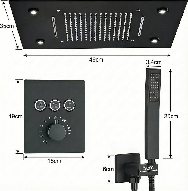 Schéma technique et dimensions de Colonne de Douche Encastrable Plafond LED avec Pluie et Cascade