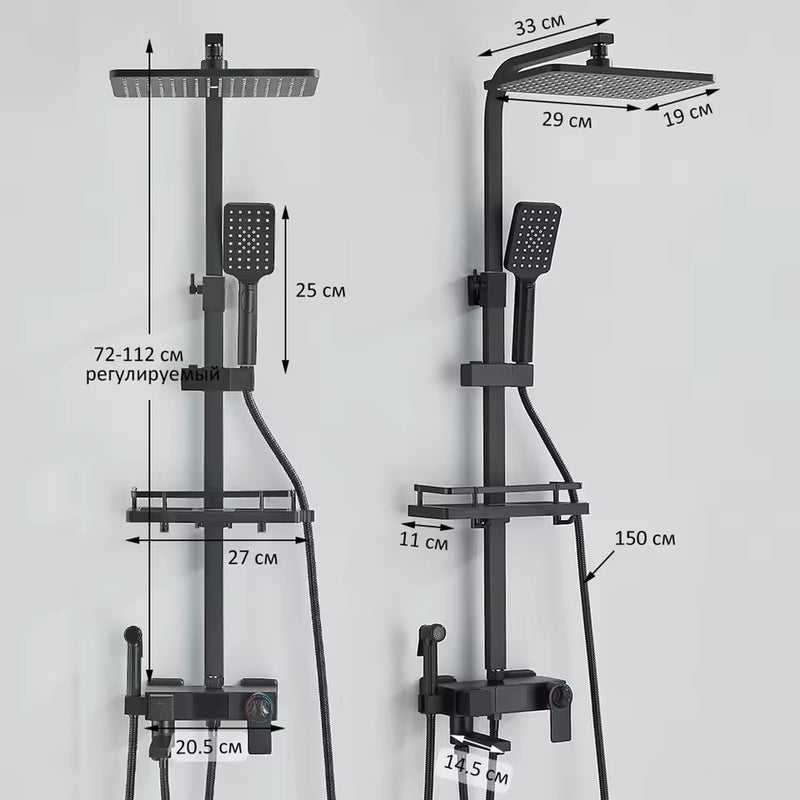 Schéma technique et dimensions de Colonne de Douche Thermostatique avec Affichage Digital & Sortie 3 Voies