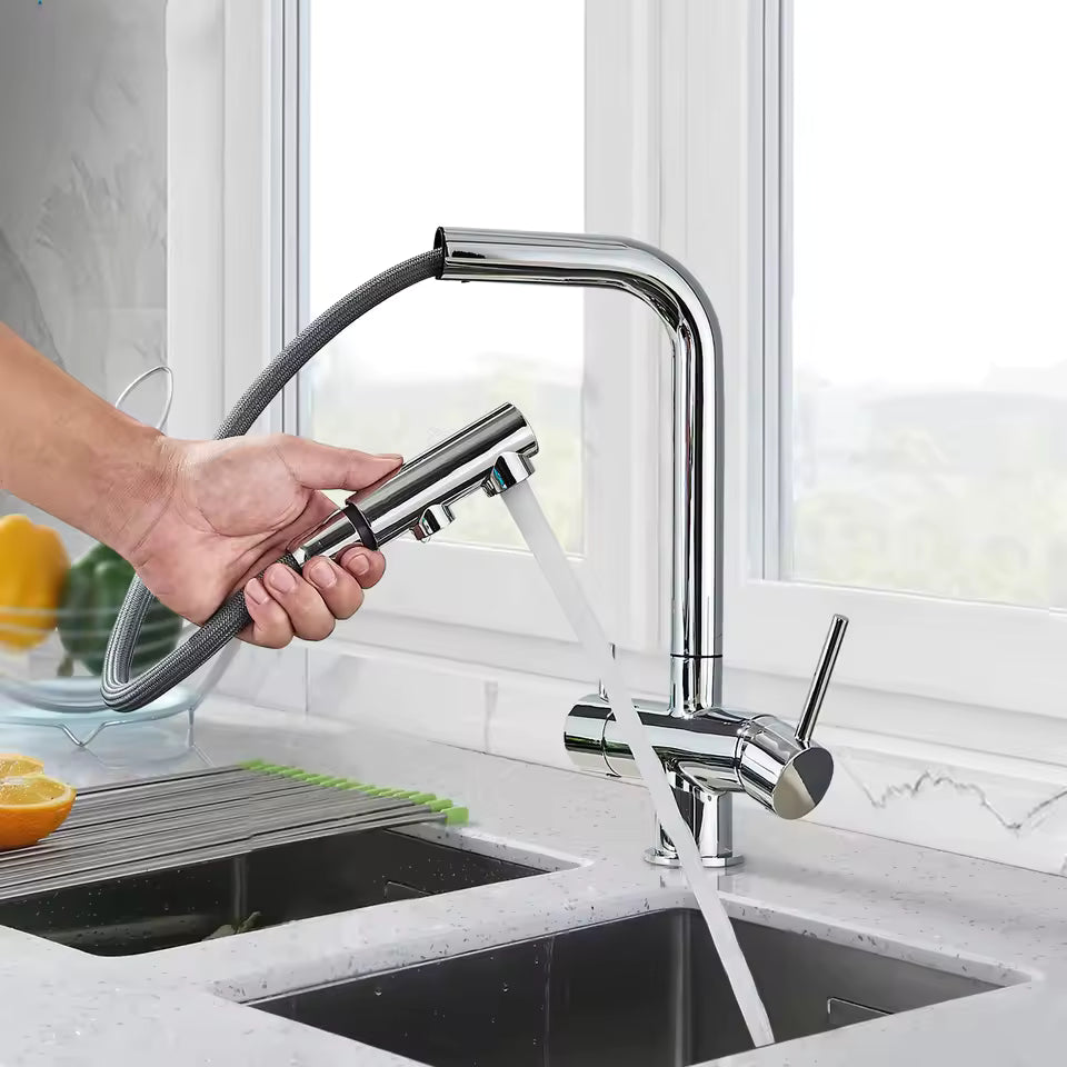 Robinet de Cuisine 3 Voies Forme L avec Douchette Extractible