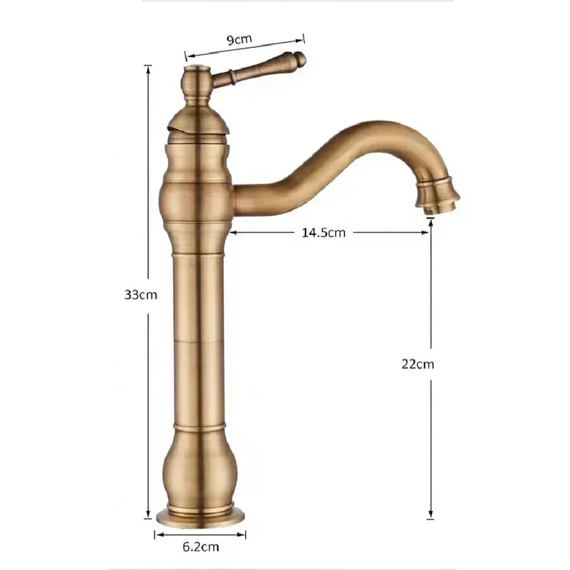 Schéma technique et dimensions de Robinet Lavabo de Salle de Bain Haut - Finition Laiton Antique