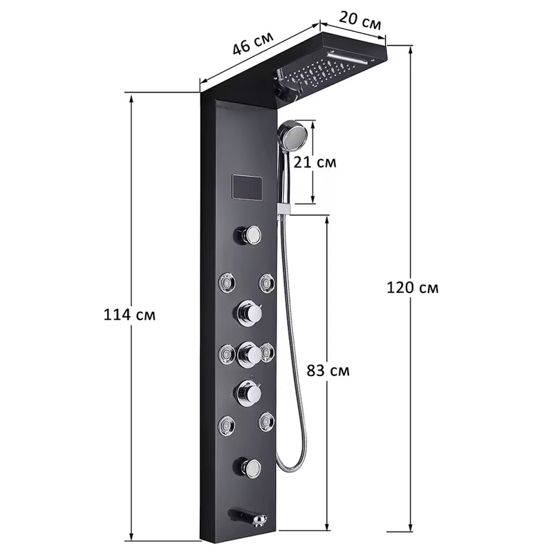 Schéma technique et dimensions de Colonne de Douche Hydromassante avec Écran Digital et LED