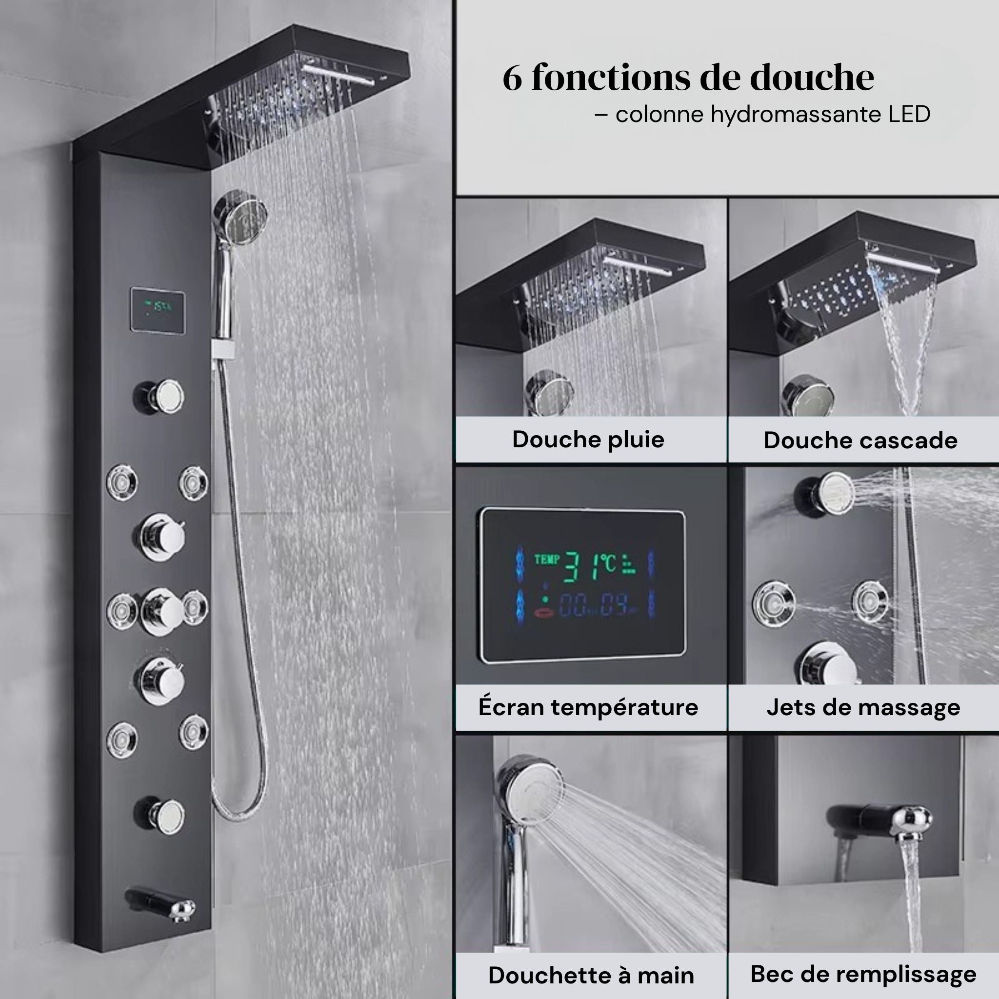 Colonne de Douche Hydromassante avec Écran Digital et LED